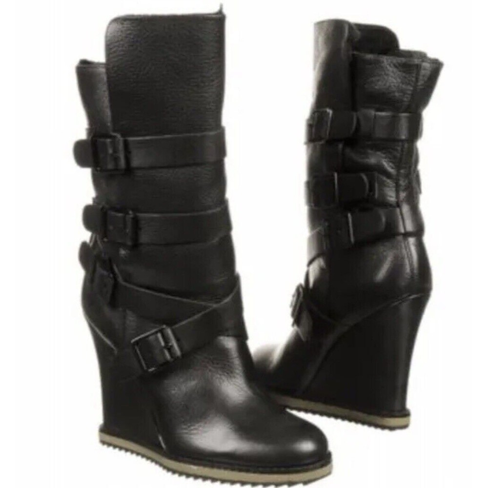 SAM EDELMAN Teresa Black Wedge Buckle Detail Boots (Size 8.5 M) - MSRP $270.00